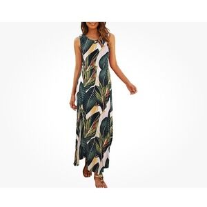 Tropical Palm Leaf Print Sleeveless Maxi Dress - Casual‎ Summer Dress